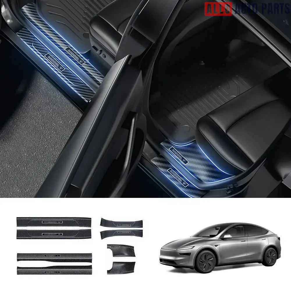 Tesla Model Y Juniper 2025+ Door Sill Protector Set - 8pc Carbon Fiber Style - 8-Piece Set - Tesla Interior